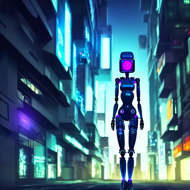 Image similar to a cyberpunk robot - girl stands in a cyberpunk street, at night, cinematic lighting, very detailed, style by tomino - sama