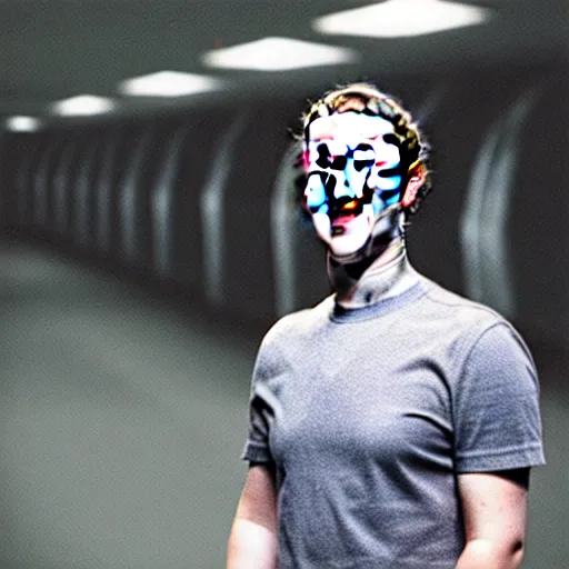 Image similar to mark zuckerberg with lizard eyes, smiling, sitting in underground military base, photo, 3 5 mm