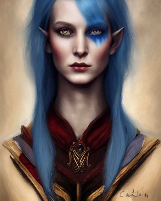 Prompt: a detailed matte oil on canvas head on symmetrical portrait of a distinguished elven woman with half red and half blue hair by charlie bowater, lise deharme, wlop, trending on artstationhd, dungeons and dragons art critical role, half and half hair dye, split hair dye, two tone hair dye, dye hair