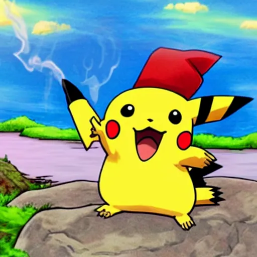 Prompt: pikachu smoking a fat blunt with ash sitting on a rock next to a river, bright blue sky colorful detailed drawing