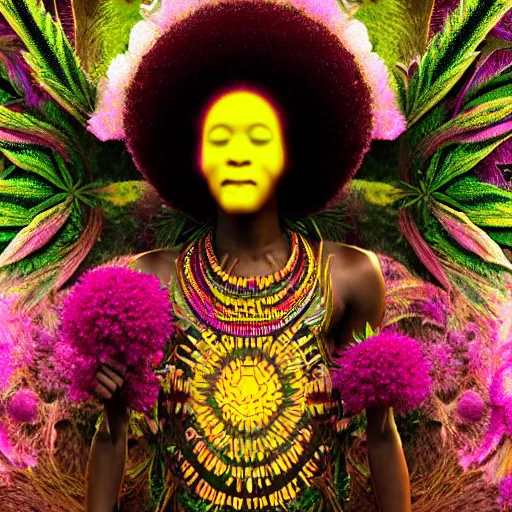 Image similar to an african marijuanna shaman with an afro made of flowers, third eye art art by machina infinitum, complexity from simplicity, rendered in octane, mandelbulb 3 d, ambient occlusion, macro photography, felt!!! texture, tribal, neon! retrowave