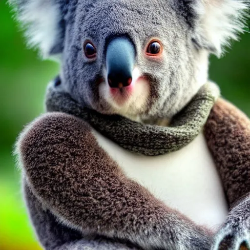 Prompt: baby koala wearing a scarf, 4k photography