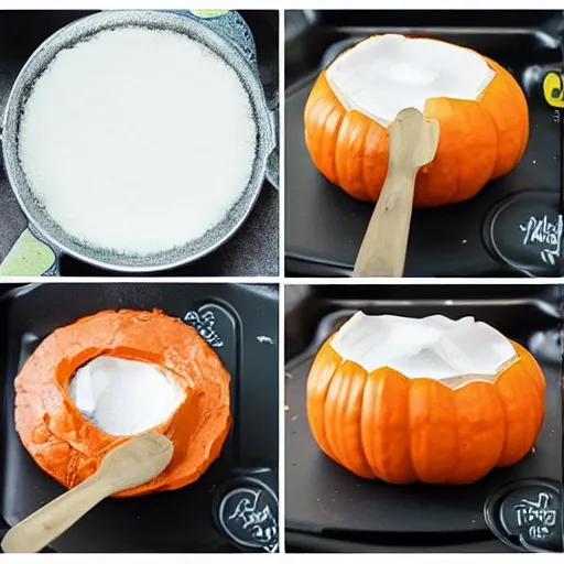 Prompt: Recipe photo To warm up a kinder surprise, you can cover the pumpkin with soufflé foil, for example, the one that Aunt Fritz once adored. A sleeping bag with a capacity of 1 liter has a good density, we will use it. It's good to beat the pan. Put into meat. An hour before cooking, bubble foam will appear along the entire pan, photorealistic