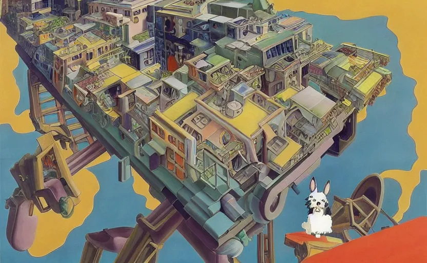 Image similar to beautiful painting from the anime film by studio ghibli, floppy eared dog devouring a robot, happy, MC Escher inspired by Salvador Dali-H 1024