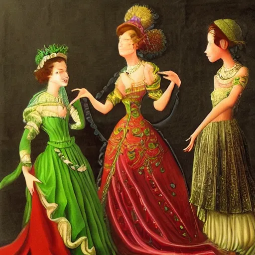 Image similar to a highly detailed painting. Beautiful radiant twin sisters and the musician Prince. Prince is green with jealousy. Cinematic Art.