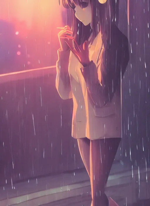 Image similar to listening to music at 2 am, pretty face, perfect body, pose, rain, lofi, lo - fi, peaceful, street light, anime key visual, poster, anime, by wlop, high quality, 4 k, trending, trending on artstation
