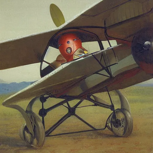 Image similar to a charles r knight painting of a yokai piloting a propeller plane