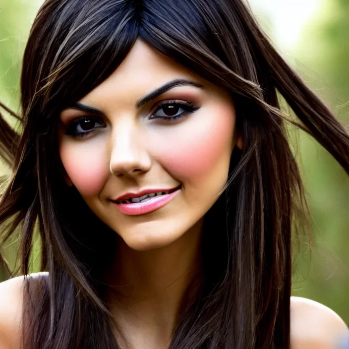 Image similar to film still of victoria justice, portrait, face, eyes, skin, hair, wallpaper, intricate, beautiful, serene, majestic, detailed, ultra, mega, super, visable sounds waves