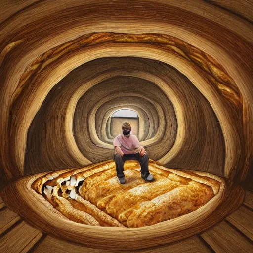 Image similar to man living inside a bread seen from outside, hyper detailed,