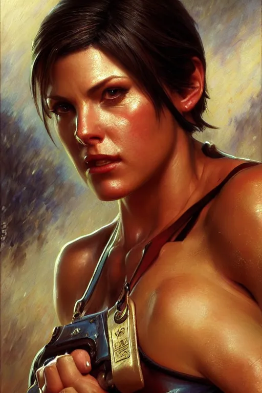 Prompt: muscular sweat, jill valentine as cop, face close up, highly detailed painting by gaston bussiere, craig mullins, j. c. leyendecker 8 k