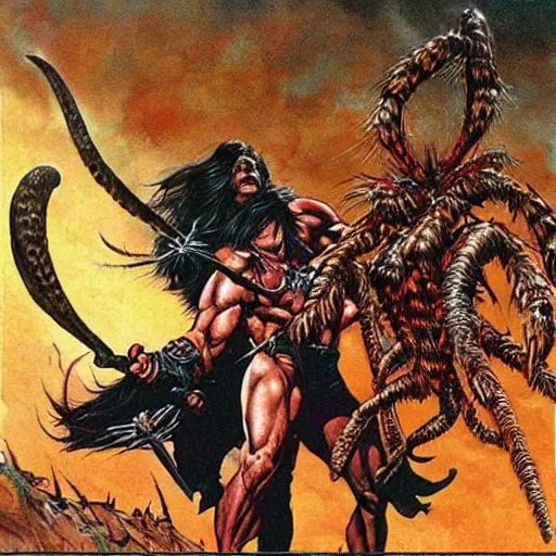 Image similar to “ conan the barbarian attacks a giant spider with red eyes ” val semeiks, barry windsor smith, john buscema, ernie chan, earl norem.