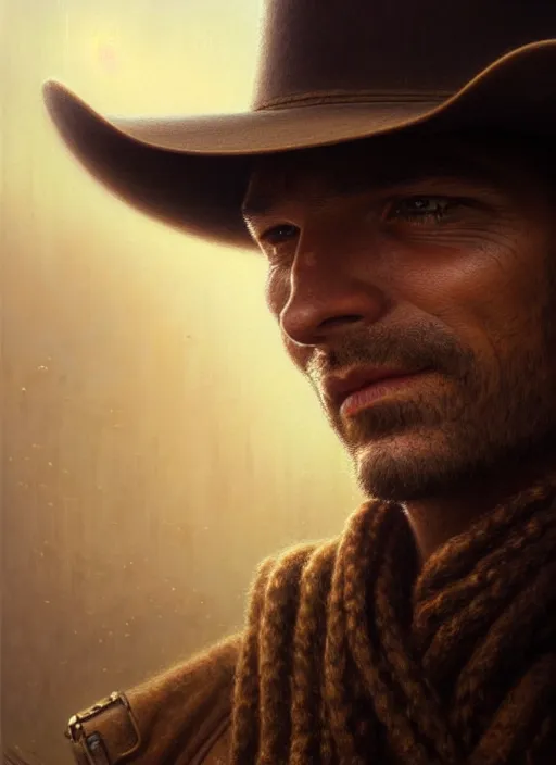 Image similar to closeup portrait shot of a cowboy in a scenic dystopian environment, intricate, elegant, highly detailed, centered, digital painting, artstation, backlit, concept art, smooth, sharp focus, illustration, artgerm, tomasz alen kopera, peter mohrbacher, donato giancola, joseph christian leyendecker, wlop, boris vallejo