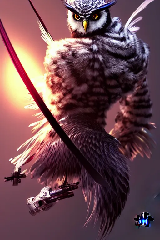 Image similar to Tekken 4 fighter anime Stunning Portrait Robot Owl with feathers all over its body, he salutes to the owl flag, short black feathers with a samurai sword on its back, in a saluting stance, digital painting, artstation, concept art, soft light, hdri, smooth, sharp focus, illustration, art by tian zi, craig mullins, Mark Arian, WLOP, alphonse mucha