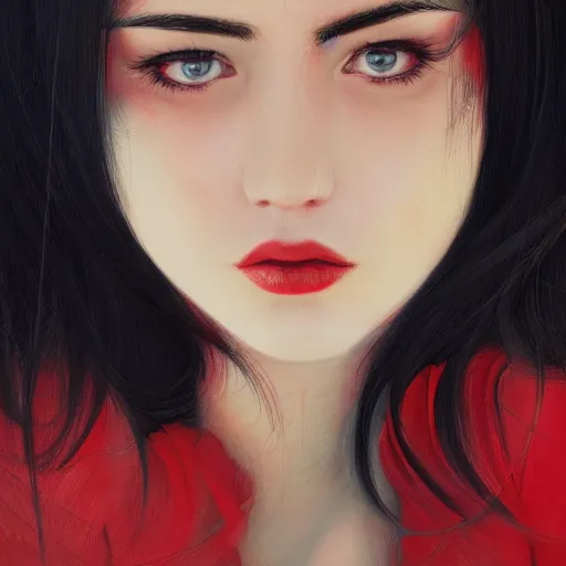 Image similar to woman with long dark black hair wearing red clothing standing by the beach, beautiful, 8k, highly detailed, realistic, artgerm, sakimichan, rutkowski, trending on artstation, perfect face, portrait, high contrast, golden light, dramatic lighting,