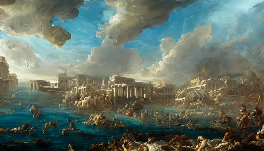 Prompt: baroque painting of athens underwater after a tsunami, hyperdetailed, artstation, cgsociety, 8 k