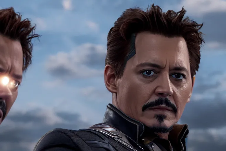 Image similar to film still of Johnny Depp as Tony Stark in new avengers movie, 4k