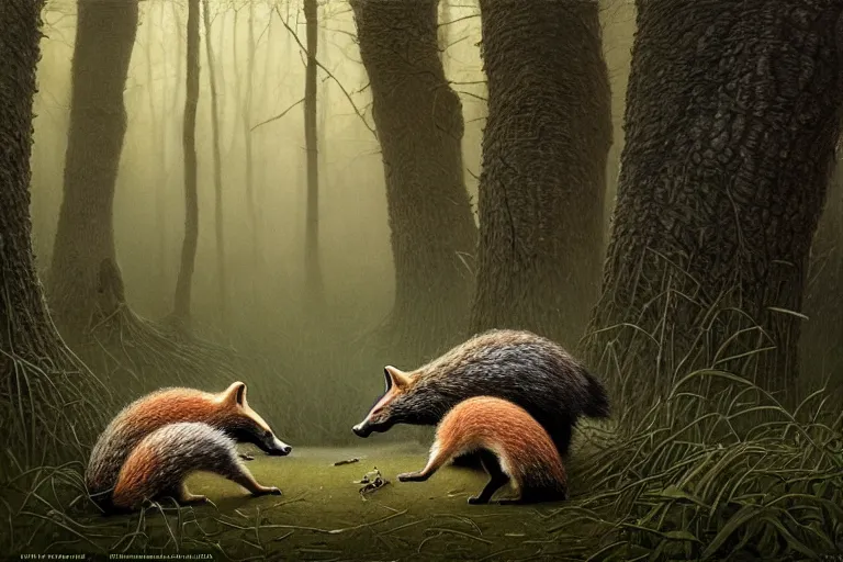 Image similar to photo, badgers and foxes having a fight, woodland location, stefan kostic and david cronenberg, realistic, sharp focus, 8 k high definition, intricate, chiaroscuro, elegant, perfect faces, symmetrical face, extremely detailed, hypnotic eyes, realistic, fantasy art, masterpiece zdzislaw beksinski, artgerm