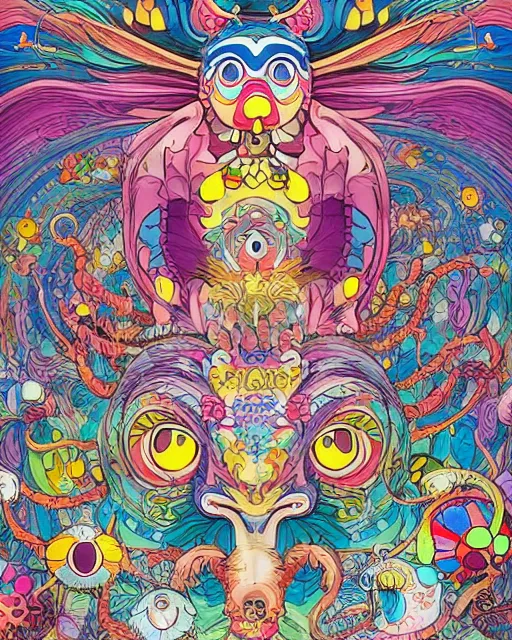 Prompt: bicameral humanoid mythical beast, fantastical, cute, and beautiful hybrid of different animals, a humorous psychedelic creature concept design by Moebius, Studio Ghibli, in the style of Takashi Murakami, symmetrical 4K