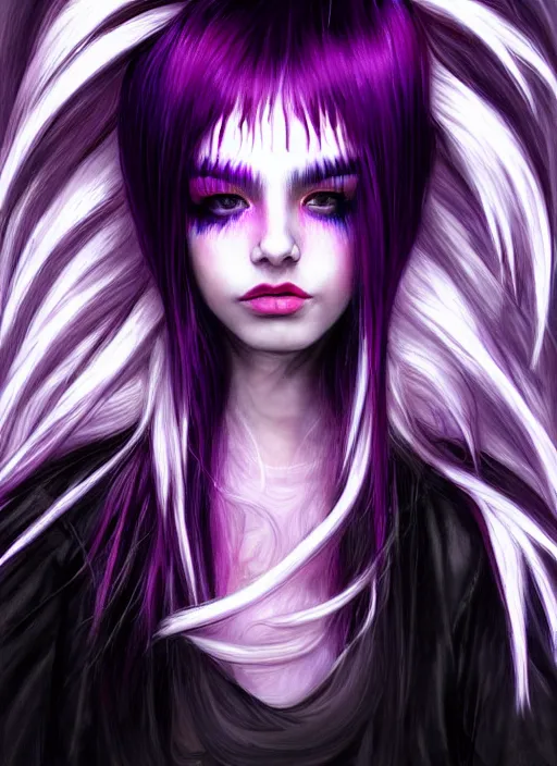 Image similar to hair whitebangs hair, black cyberlox, portrait of teenage girl with white bangs, whitebangsblackhair, messy bangs, cyberlox, whitebangs, red irises, purple clothes, intricate, elegant, glowing lights, highly detailed, digital painting, artstation, concept art, sharp focus, illustration, art by wlop, mars ravelo and greg rutkowski