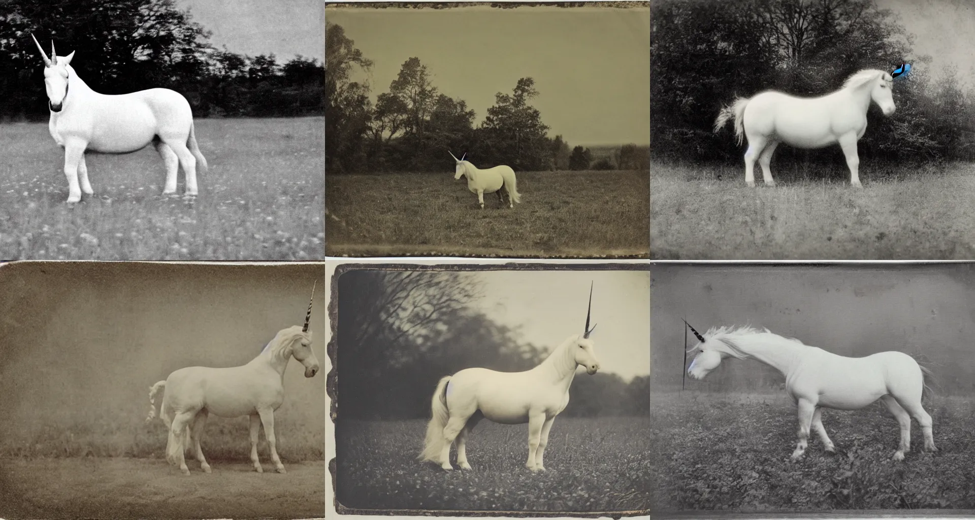 Prompt: 1800s photograph of a white unicorn in a field, faded, blurry, faded, blurry, faded, blurry, unclear, nature