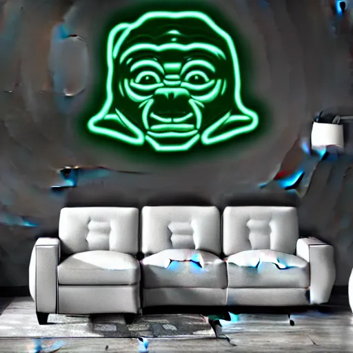 Prompt: a neon elephant yoda, placed in a large living room, art designers magazine HD photo superrealism 3d 8k resolution