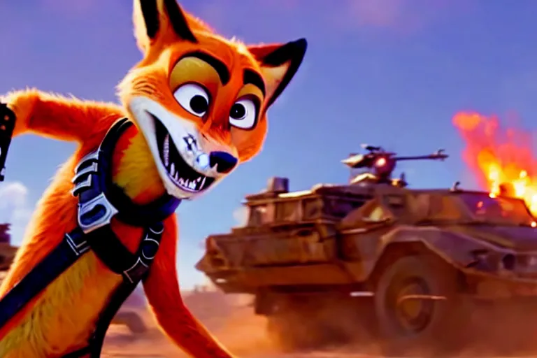 Image similar to nick wilde, heavily armed and armored facing down armageddon in a dark and gritty reboot from the makers of mad max : fury road : witness me