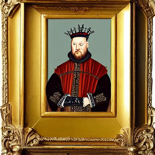 Image similar to king henry viii building a pc computer electronics screen keyboard case, wearing a crown and royal robes, 17th century detailed oil painting with a gilded frame