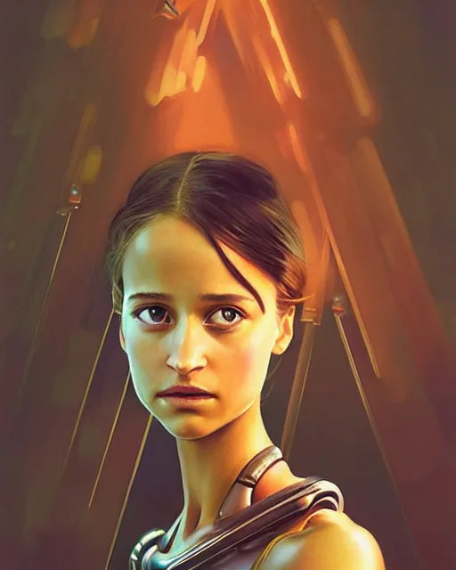 Image similar to weta disney pixar movie still portrait photo of young alicia vikander as thoughtful cyborg woman by pixar, by weta, wlop, ilya kuvshinov, rossdraws, artgerm, maxim cover, latex, sweaty, iridescent, bright morning, anime, liosh, mucha