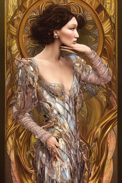 Image similar to a highly detailed painting of a beautiful alien goddess bella hadid in iris van herpen dress schiaparelli in diamonds in style of alphonse mucha art nuvo octane render