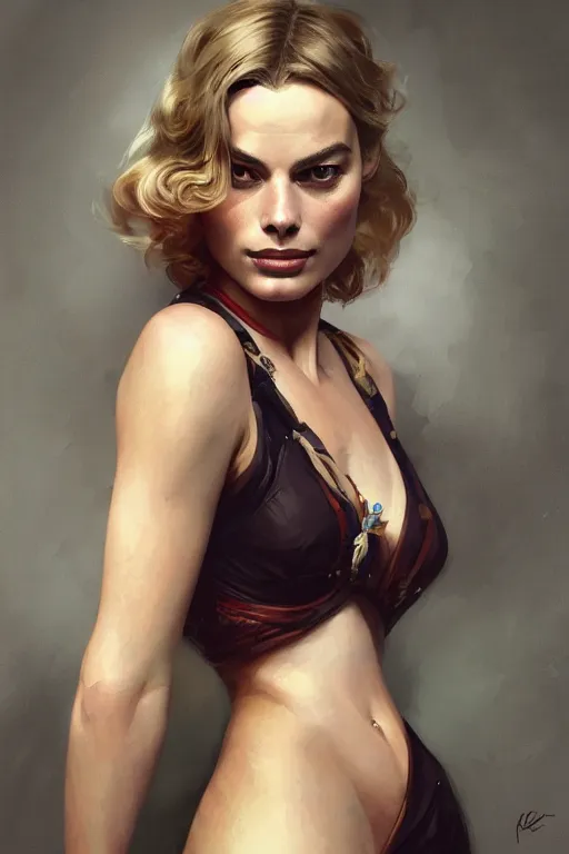 Image similar to A full portrait of Margot Robbie, intricate, elegant, highly detailed, digital painting, artstation, concept art, smooth, sharp focus, illustration, art by Krenz Cushart and Artem Demura and alphonse mucha