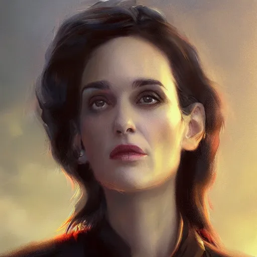 Image similar to a closeup portrait of a winona ryder, dramatic light, lake background, sunset, dark, sharp, painted by stanley lau, painted by greg rutkowski, painted by stanley artgerm, digital art, trending on artstation