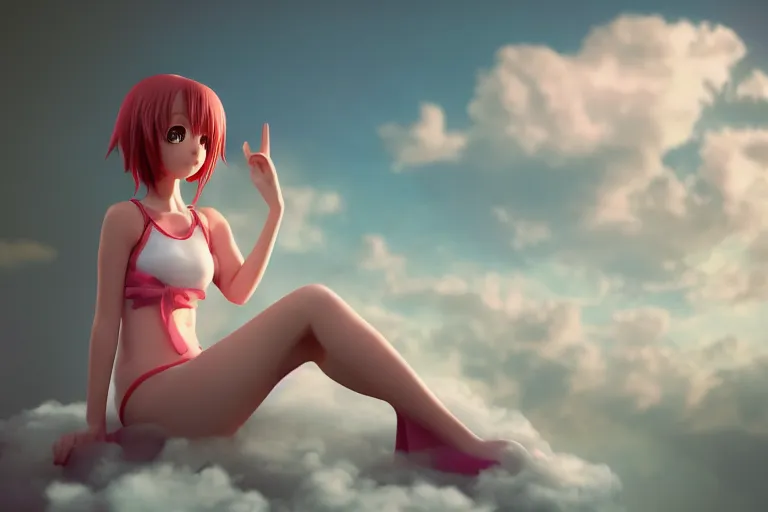 Image similar to a cute anime girl sitting on a cloud relaxing, red lighting, mist, blender render,