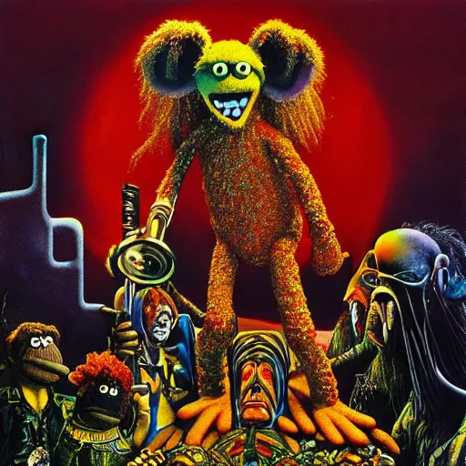 Prompt: animal the muppet on iron maiden album cover, 8 k resolution hyperdetailed scary dystopian surrealism style of alex grey