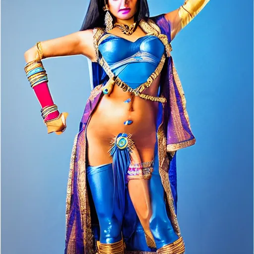 Image similar to blue - skinned indian goddess with six arms, symmetric, aesthetic!!!, cosplay, studio lighting