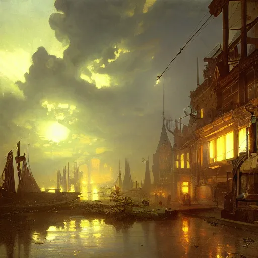 Image similar to detailed painting of a retroscifi interior in 1 9 4 0, volumetrics lights, beam of bright lights through the clouds, andreas achenbach