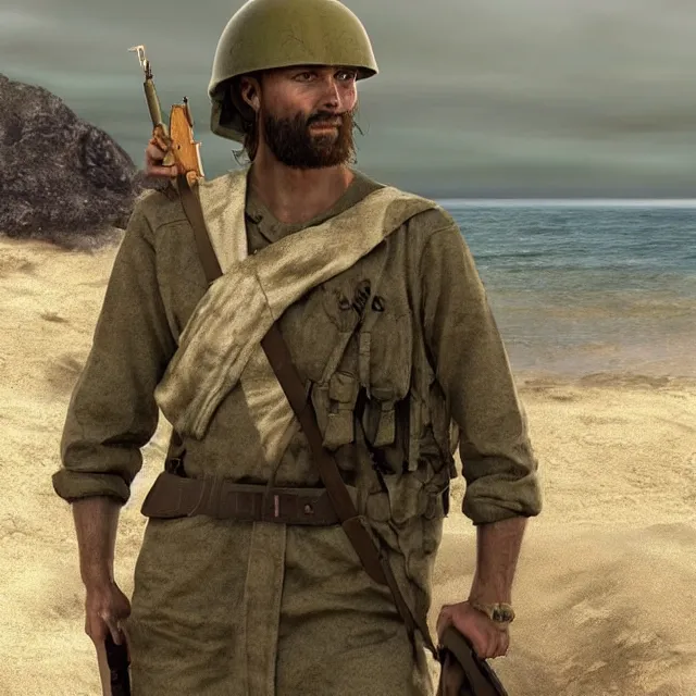 Image similar to jesus christ as a soldier on the beach during d - day trending on artstation deviantart pinterest photorealistic hd 8 k highlights and shadow detailed high resolution