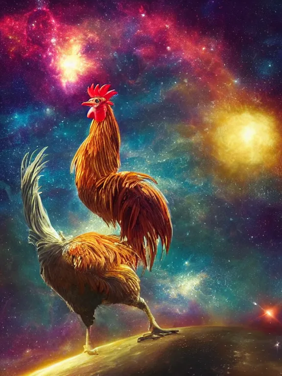 Image similar to a lone giant rooster, centered, floating in space, center of the universe, \ galaxy cosmic nebula, epic, volumetric light, hyperrealistic, glitter, mega detailed, beautiful composition, beautiful lighting, unreal render, 4 k, vincent di fate, john berkey, michael whelan