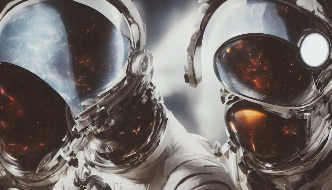 Image similar to photorealistic scene of one cyberpunk astronaut helmet with light reflection looking at space with cosmos background, extremely close shot, 8k, cinematic, epic