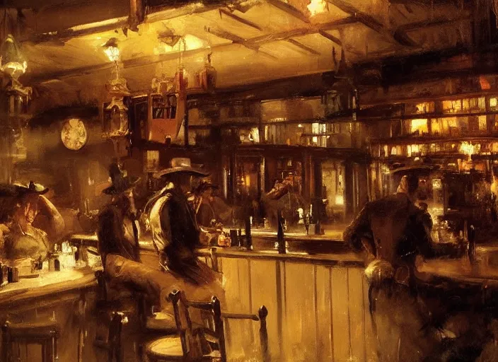 Image similar to oil painting of western saloon bar, wild west, dimly light, dust, art by anders zorn, wonderful masterpiece by greg rutkowski, beautiful cinematic light, american romanticism by greg manchess, creation by tyler edlin