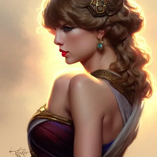 Image similar to Taylor Swift, closeup, D&D style, fantasy, intricate, elegant, highly detailed, digital painting, artstation, concept art, matte, sharp focus, illustration, art by Artgerm and Greg Rutkowski and Alphonse Mucha