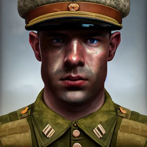 Prompt: A Hearts of Iron IV portrait of a soldier. Highly detailed, fine Art, high detail, great lighting, 8k resolution, masterpiece, concept art, illustration, clear eyes, painting oil on canvas, octane render, HDR, trending on artstation, 4k, 8k, HD