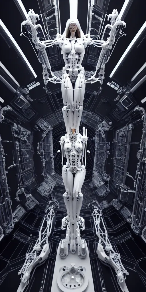 Image similar to dark high detailed space station interior a statue jesus on cross made of white marble, perfect symmetrical body, full body shot, inflateble shapes, wires, tubes, veins, jellyfish, white biomechanical details, wearing epic bionic cyborg implants, masterpiece, intricate, biopunk, vogue, highly detailed, artstation, concept art, cyberpunk, octane render