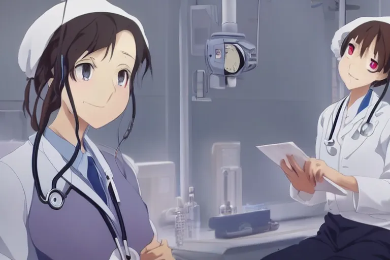 Prompt: a cute and beautiful young lady, a doctor wearing white coat in hospital ward, highly detailed, slice of life anime, anime scenery by Makoto shinkai