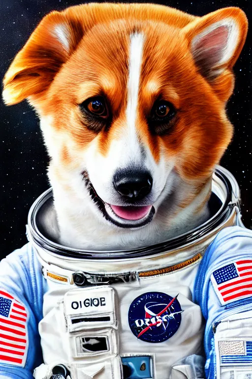 Image similar to corgi astronaut, oil on canvas, intricate, portrait, 8 k highly professionally detailed, hdr, cgsociety