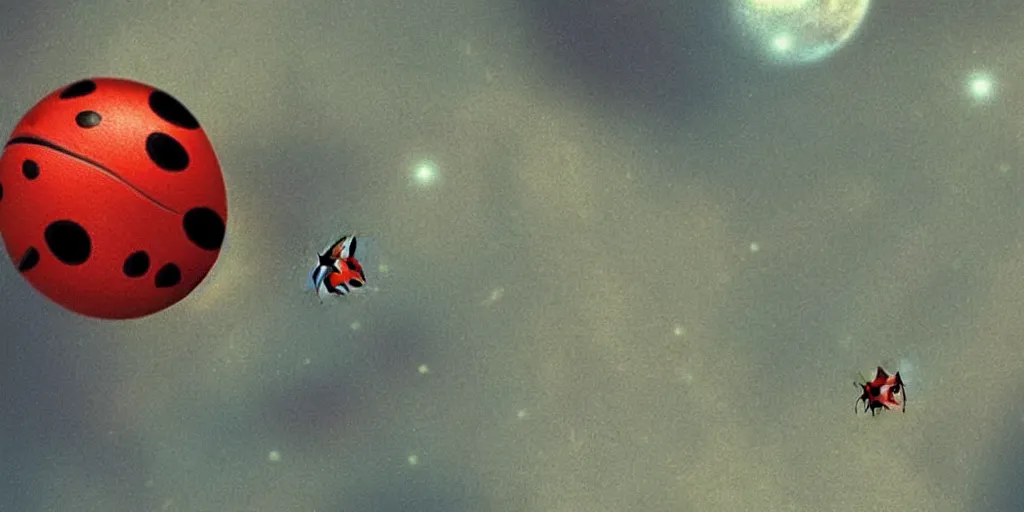Image similar to a 3 d rendered movie still from a distance of 3 0 m of a ladybug 1 million years from now. the ladybug is sentient, wears tiny spacesuit, and travels the stars in a super trippy space ship. science fiction blockbuster movie ladybugs rule the world, imax 7 0 mm. bladerunner.