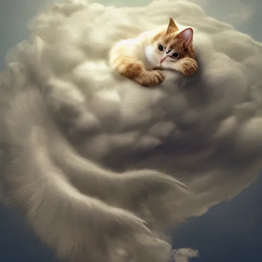 Image similar to cat sleeping on a cloud with angel wings, hyperdetailed, artstation, cgsociety, 8k