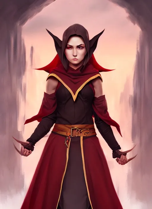 Prompt: portrait of teenager female half elf monk, full body black and red longcoat, fist training, detailed face, brown hair, short ponytail, golden eyes, brown skin, high fantasy, dnd, extremely detailed, concept art, matte painting, by artgerm