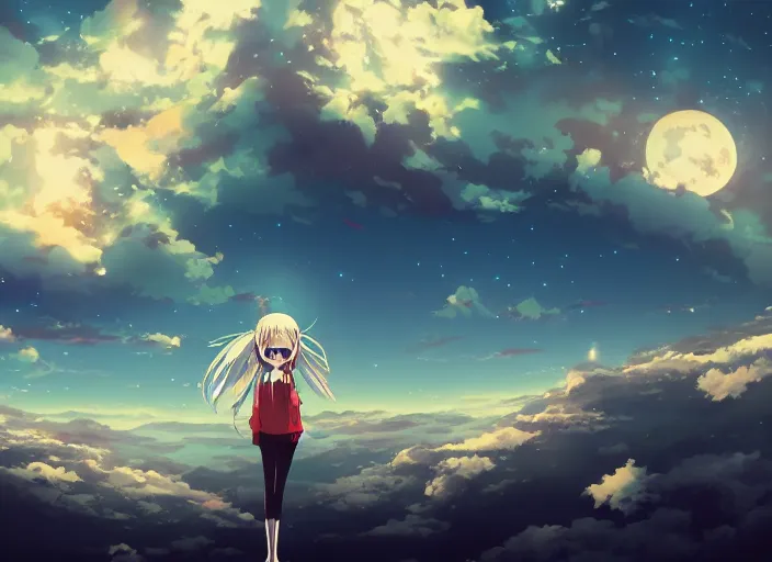 Image similar to illustration night sky clouds multiple moons | | anime key visual, official media, illustrated by wlop, extremely detailed, 8 k, trending on pixiv, cinematic lighting, beautiful