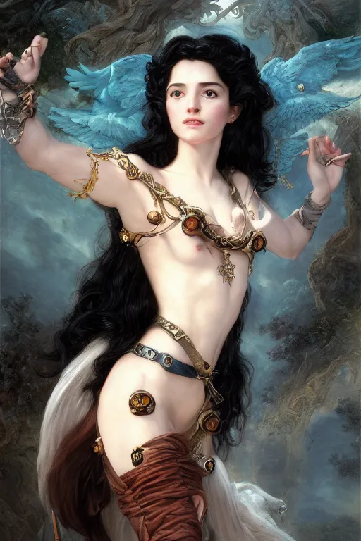 Prompt: a fantasy comic book style portrait painting of a beautiful woman with pale skin and long black hair, mystical valkyrie, francois boucher, oil painting, unreal 5, hyperrealistic, octane render, regal, refined, detailed digital art, rpg portrait, william - adolphe bouguereau, michael cheval, walt disney, steampunk, dynamic lighting, highly detailed, unreal engine