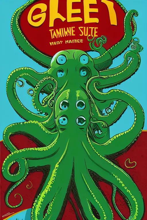 Image similar to a movie poster for the film (green tentacle octopus) by Tom Whalen, highly detailed, award winning creature portrait, fantasy, artstation